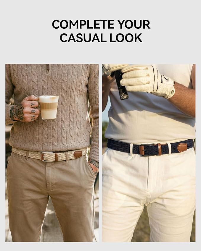 CHAOREN Stretch Belt Men 2 Pack - 1 3/8" Braided Golf Belts For Men - Casual Elastic For Pants and Jeans