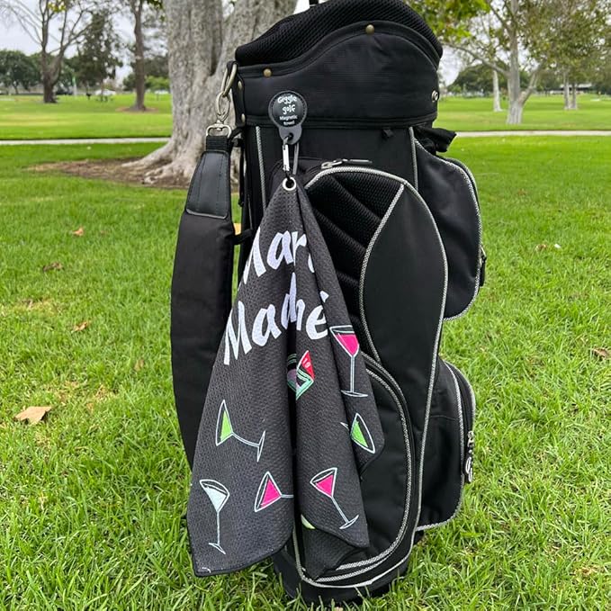 Giggle Golf Martini Par 3 Pack for Women, Microfiber Waffle Weave Golf Towel, Tee Bag with Tees and Bling Ball Marker with Magnetic Hat Clip (Martini Madness)