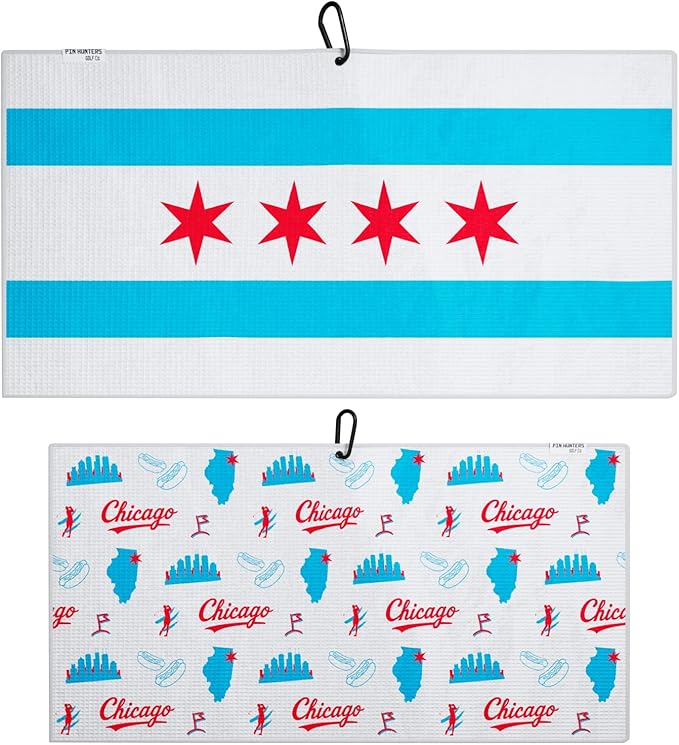 Pin Hunters Microfiber Golf Towel | Premium Waffle Towel with Clip | Large 31"×15.5" Towel for Golf Bags | Fun Gift for Wife | Stylish Golf Gear (Chicago Flag)
