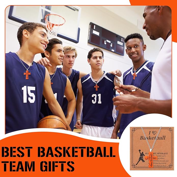 Tondiamo 24 Set Basketball Volleyball Cross Necklace with Card Sport Party Favors Charms Team Gift Bulk Religious Cross Necklace Christian Coach Gifts Jewelry for Sport Player Fans Men