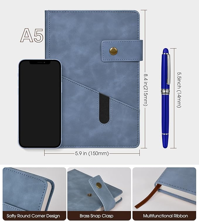 Blue A5 Lined Leather Journal Notebook - Image 2