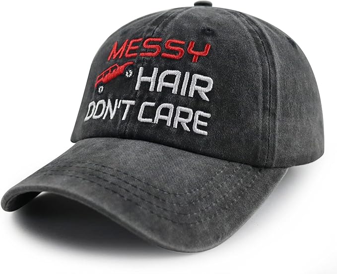 Goyklrb Messy Hair Don't Care Baseball Cap for Women Men, Funny Adjustable Washed Cotton Embroidered Hat