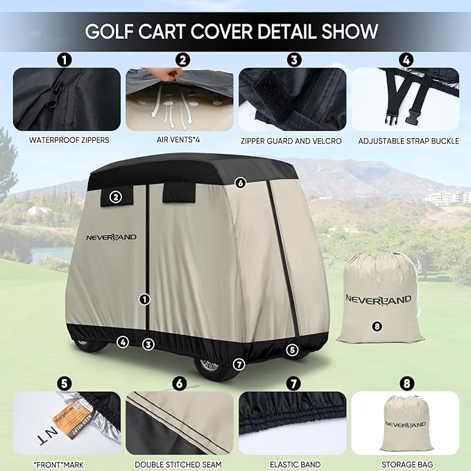 NEVERLAND Golf Cart Cover 4 Passenger - Outdoor Waterprood Golf Cart Covers, 420D Club Car Golf Cart Covers With Air Vent&Zipper Compatible with EZGO Yamaha Club Car 4 Seat (Up to 115 Inch)Black+Brown