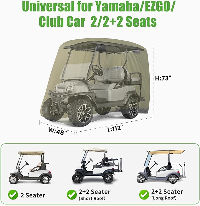 10L0L Universal Golf Cart Covers for Yamaha, Club Car, EZGO, Waterproof 2/4 Passenger Heavy Duty Golf Cart Rain Covers with 3 Zipper Doors Extended Roof for Outdoor All-Weather Protection