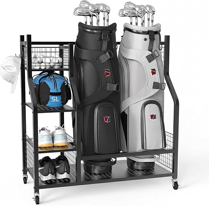 PLKOW Golf Bag Storage Garage Organizer, Extra Large Size Golf Bag Storage Stand and Golf Equipment Rack for Garage,Shed, Basement