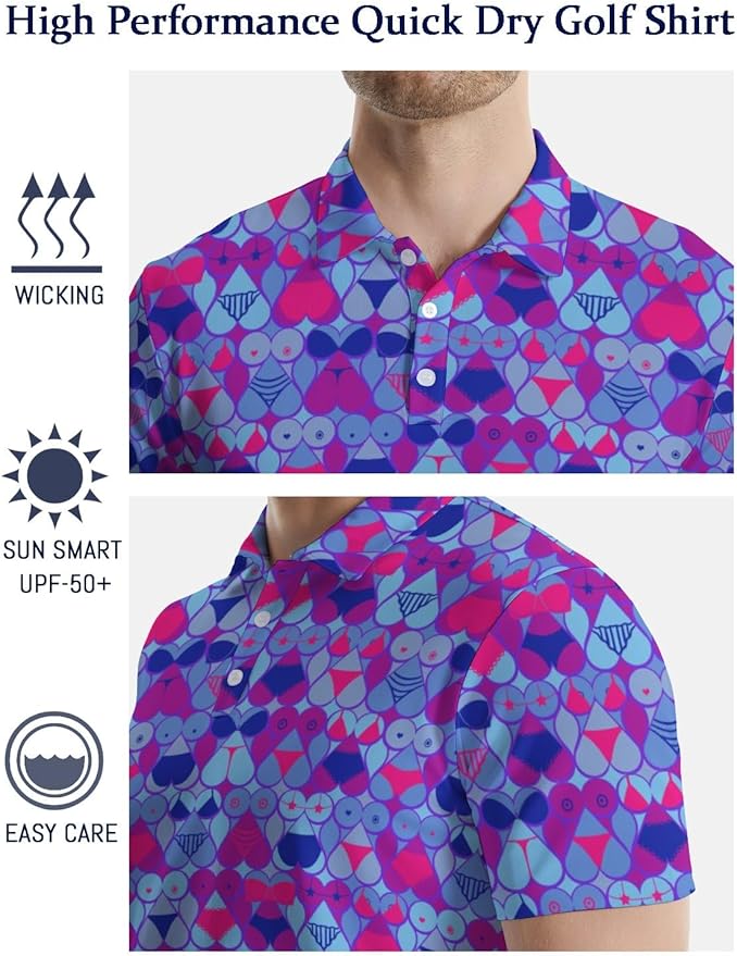 HUURAY Funny Golf Polos for Men Funny Print Short Sleeve Shirts Quick Dry Polo Shirts Hawaiian Shirt Performance Golf Outfits