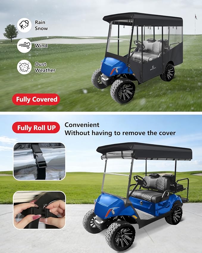 Golf Cart Enclosures 4 Passenger,Golf Cart Cover for Yamaha Long Roof 2+2 Seater,Waterproof 600D Driving Rain Cover,Roll Up 4-Sided Clear Windows&Door,Yamaha Golf Cart Accessories