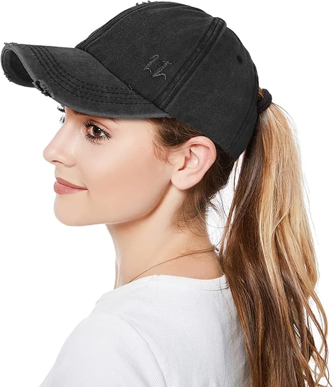 Womens Criss Cross Ponytail Baseball Cap Distressed Ponytail Hat High Messy Bun Trucker Ponycap for Outdoor Sports