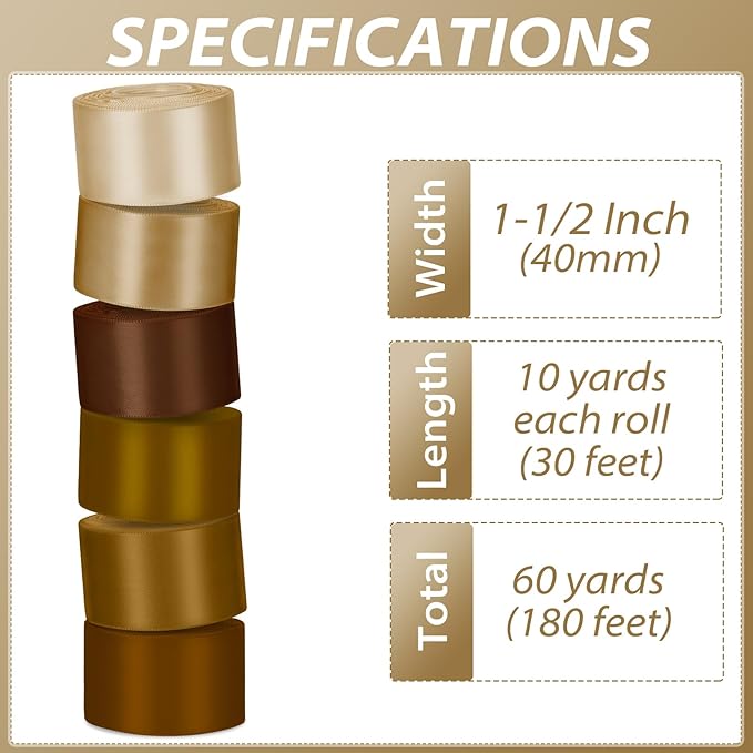 1-1/2 Inch Brown Satin Ribbons for Crafts, 6 Rolls Single-Faced Brown Assorted - Image 2