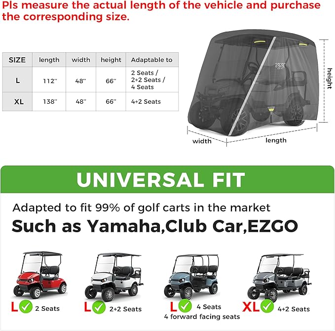 10L0L Golf Cart Cover 2/4/4+2 Passenger for Yamaha EZGO Club Car, Heavy Duty 420D Waterproof Windproof Durable Oxford Golf Cart Cover with 3 Zipper Doors for All-Weather Protection (Black/Silver)