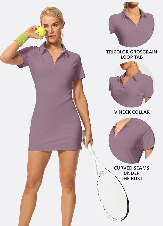 Hiverlay Golf Dresses for Women with Shorts and Pockets, V-Neck Short Sleeve Tennis Dress, Workout Athletic Dresses
