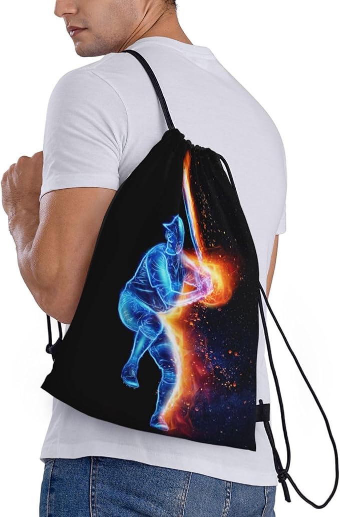 Sports-Themed Drawstring Bags with a Playing Baseball Man Pattern, Kids Drawstring Backpack Casual Knapsack for Boys Girls Adults Women Men, Black Rucksack Bags for Gym Travel Swimming Yoga, Small