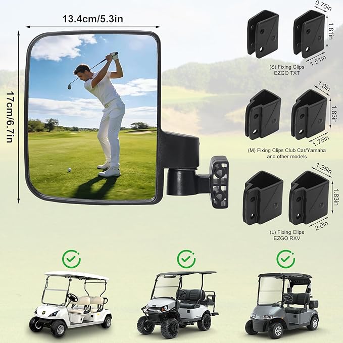 Golf Cart Folding Mirrors, No Drilling Side Rear View Mirrors for Yamaha, Club Car, EZGO, Multi-angle Adjustment (B- Clips-Golf)