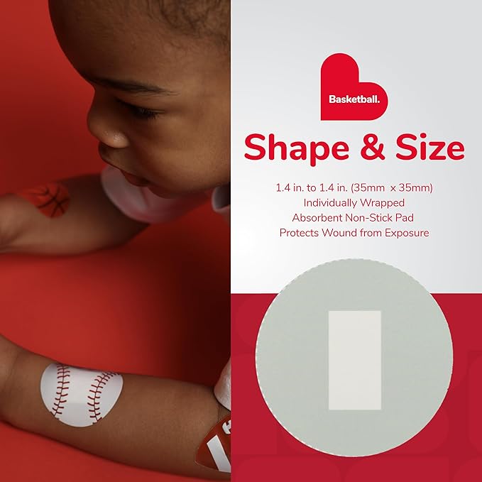 BioSwiss Bandages, Basketball Shaped Self Adhesive Bandage, Latex Free Sterile Wound Care, Fun First Aid Kit Supplies for Kids, 50 Count