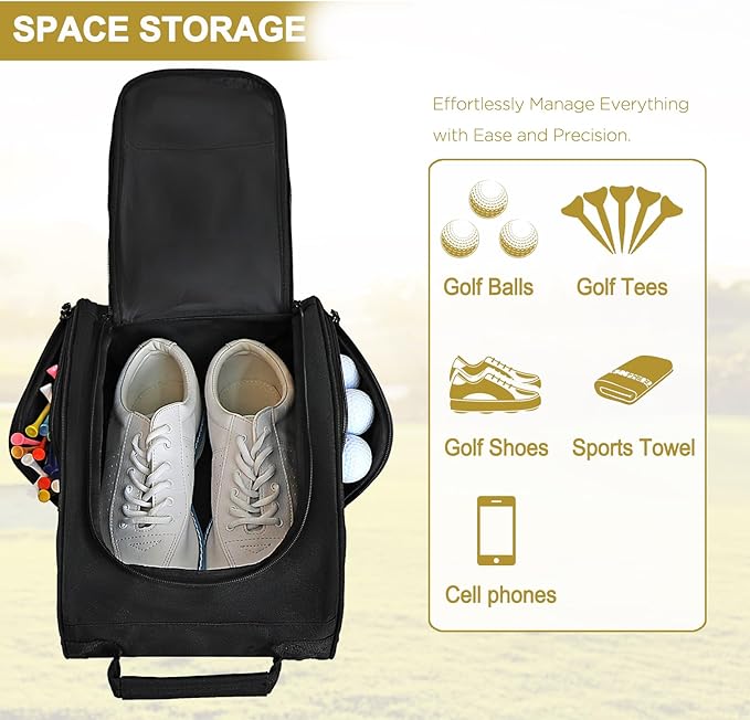 Goloni Golf Shoe Bag for Men Women, Ventilated Golf Shoe Bag with Side Pockets, Lightweight Portable Golf Shoe Carrier for Golf Shoes, Tees, Balls & Accessories,Black