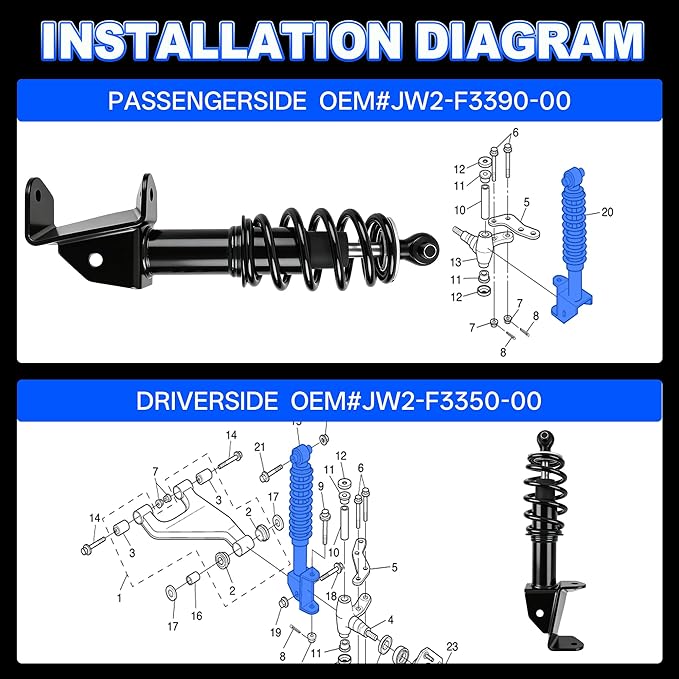 Golf Cart Front Shock Absorbers Fit Yamaha G29/Drive 2007-2016 Gas and Electric Models, Replace OEM# JW2-F3390-00 JW2-F3350-00, 2PCS (1 Passenger and 1 Driver Side)