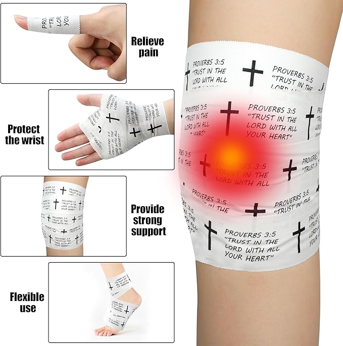 4 Pcs Christian Athletic Tapes 2in x 23ft Religious Bible Verse Sport Tape White Black Cross Athletic Wrist Tapes for Sports Gymnastics Football Baseball Tennis Boxing Athlete First Aid Injury Wrap