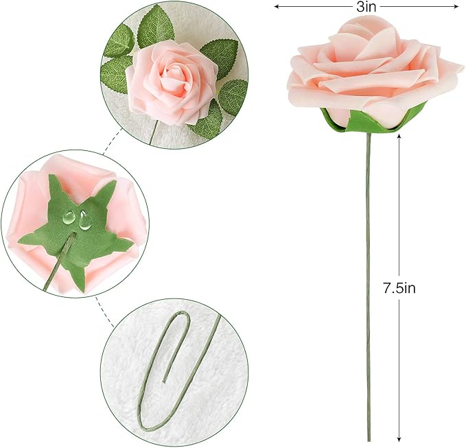 AmyHomie Artificial Flower Blush Pink Rose 25pcs Real Looking Fake Roses w/Stem - Image 2