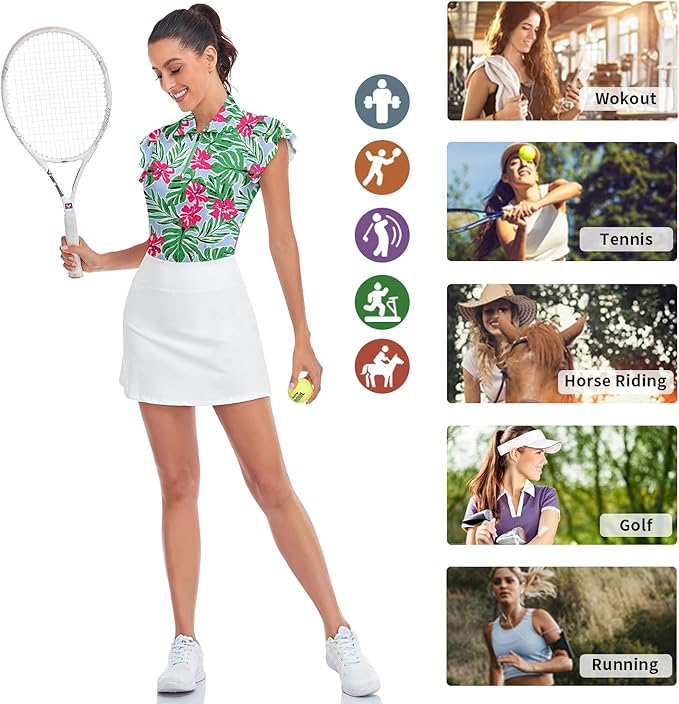 Soneven Womens Petal Sleeve Golf Shirts Moisture Wicking Lady Golf Apparel Print Tennis Sport T Shirt
