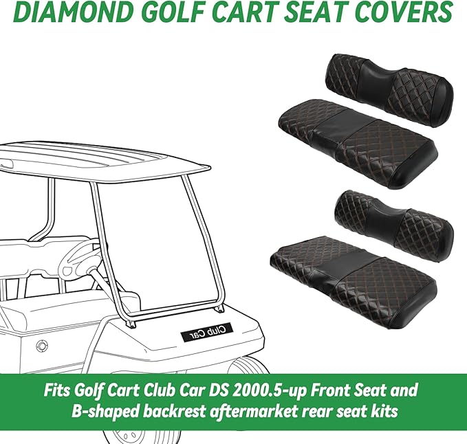 XUANYUDG0769 Golf Cart Front and Rear Seat Covers for Club Car DS 2000.5-up OEM Ordinary Front Seat and Aftermarket Common Rear Seat Kits, No Stapler Vinyl Leather Diamond Club Car Seat Covers