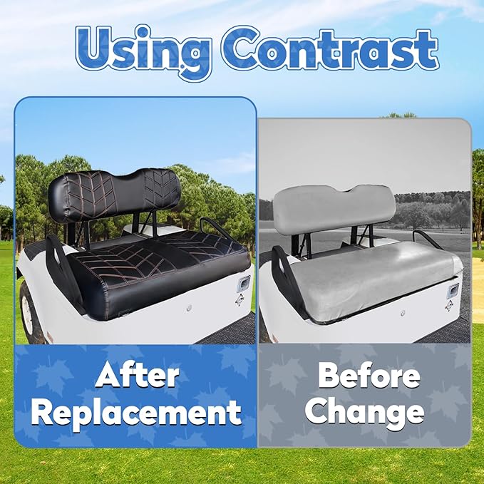 4PCS Golf Cart Seat Covers Kit, Front and Rear Seat Covers,Vinyl Seat Covers Accessories, No Staples（Black&Brown Stitch） (Fits EZGO TXT 1994-2013/EZGO RXV)