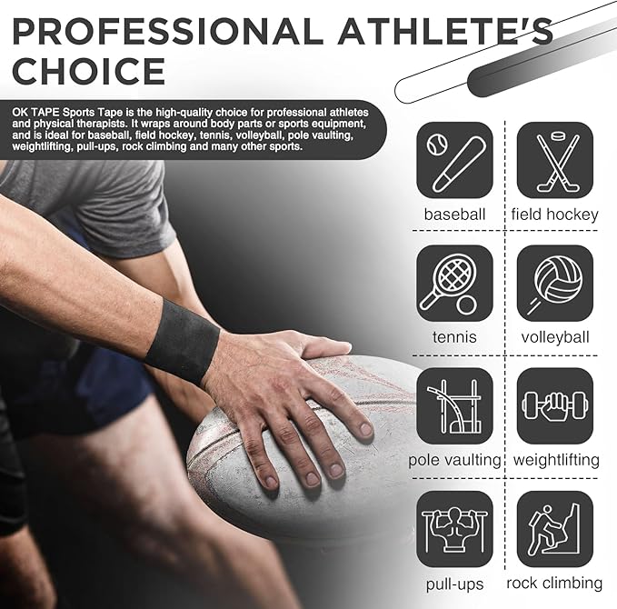 OK TAPE Athletic Sports Tape（4 Packs) Black- 32.8ft Per Roll Athletic Tape for Injuries,Strong Stick No Residue Athlete & Sport Trainers First Aid Injury Wrap, Hockey Stick