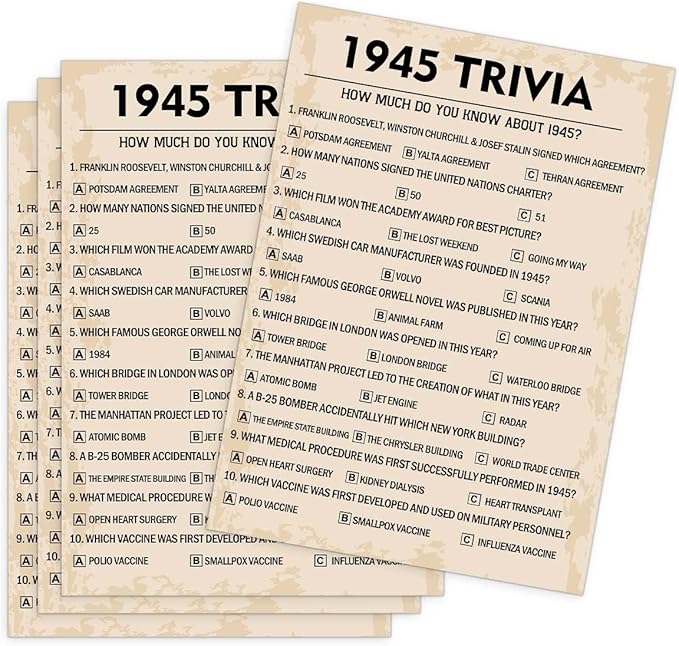 80th Birthday Party Games, 1945 Trivia Games, Birthday Party Supplies by QUPT