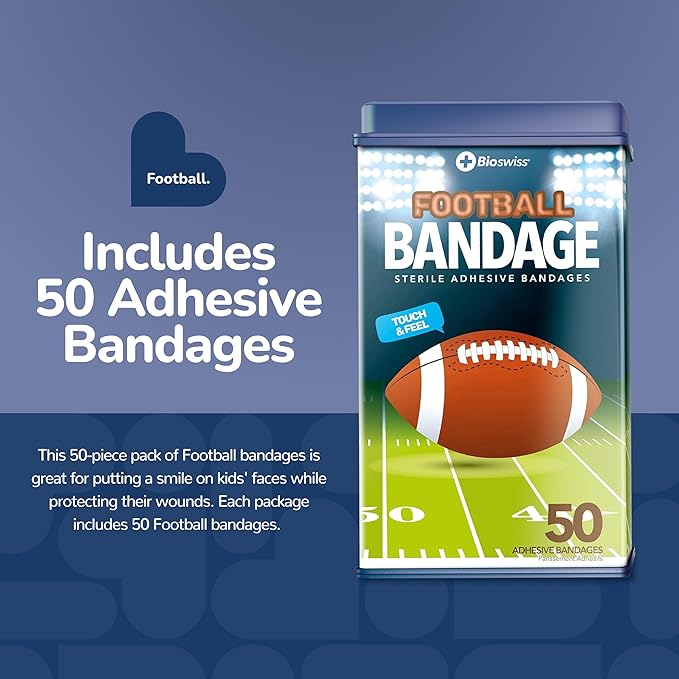 BioSwiss Bandages, Football Shaped Self Adhesive Bandage Set, Latex Free, Sterile Wound Care, 50 Count