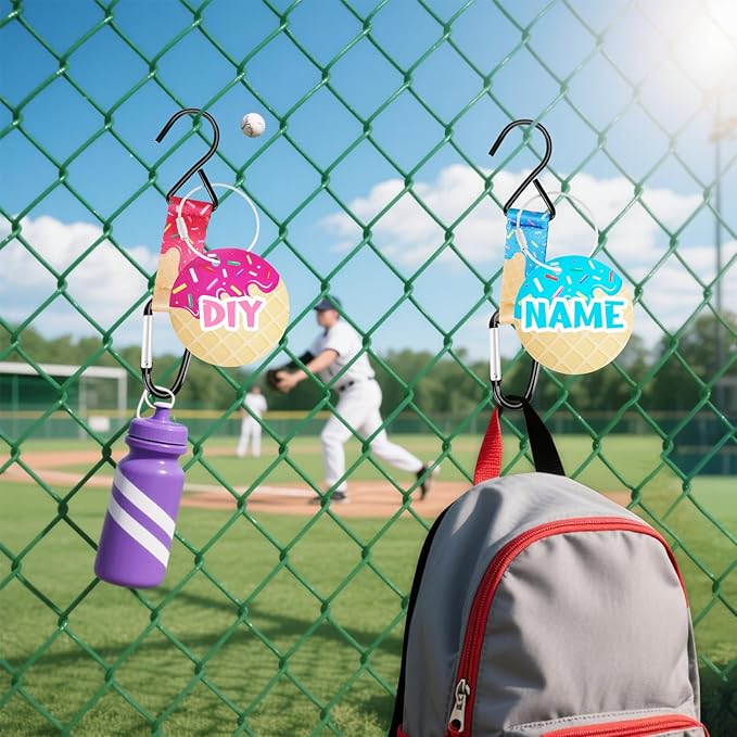 Fence Hooks Baseball Lifestyle Softball Gift for Bag Backpack Glove Helmet Drinking Bottle Hanging with Name Luggage Tags Charms Team Gifts for Coach Mom (2set pink blue ice cream drip 1 hook)