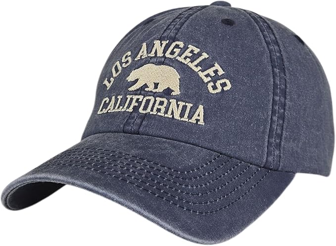 LA California Bear Embroidered Vintage Cotton Baseball Cap Adjustable Metal Buckle Unstructured Low-Profile Hat Men & Women