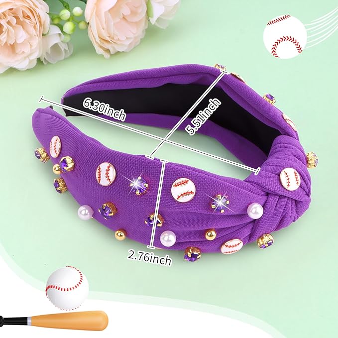 Baseball Headbands for Women Crystal Baseball Embellished Wide Top Knot Headband for Women Game Day Hair Accessories (Purple)