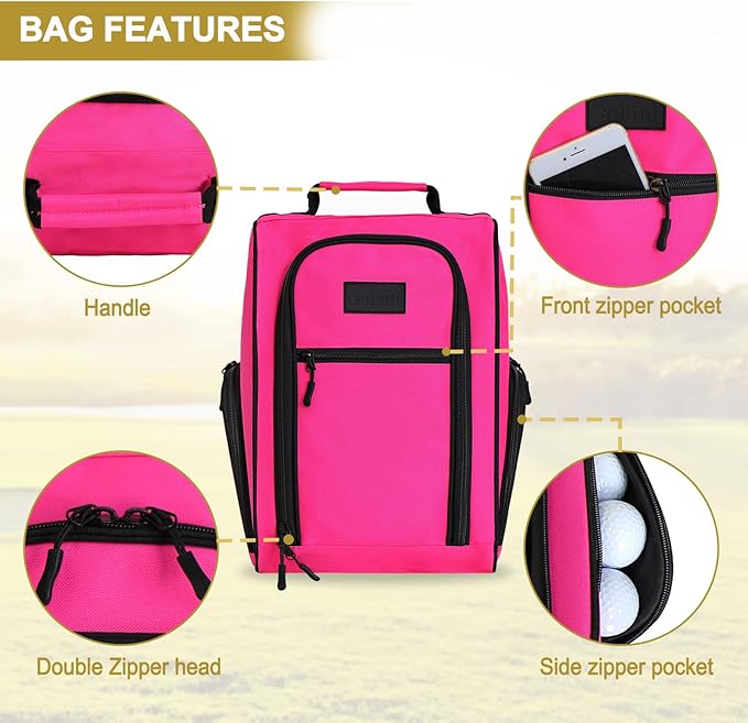 Goloni Golf Shoe Bag for Men Women, Ventilated Golf Shoe Bag with Side Pockets, Lightweight Portable Golf Shoe Carrier for Golf Shoes, Tees, Balls & Accessories,Pink