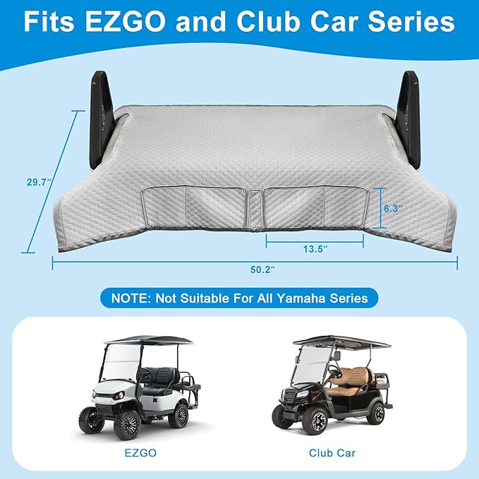 Golf Cart Seat Blanket for EZGO, Club Car, Enhanced Quality Material, 50.2''x 29.7'', Easy to Install and Clean, 4 Convenient Pockets, Gray Golf Cart Seat Covers, Double Non-Slip