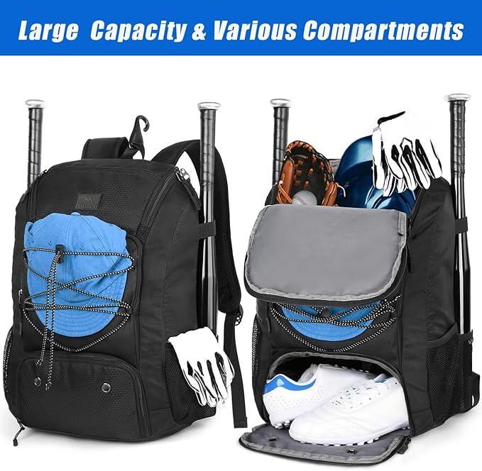 MATEIN Baseball Backpack, Softball Bat Bag with Shoes Compartment for Youth, Boys and Adult, Lightweight Baseball Bag with Fence Hook Hold TBall Bat, Batting Mitten, Helmet, Caps, Teeball Gear