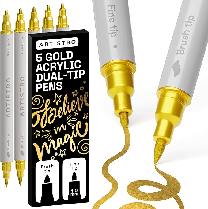 ARTISTRO 5 Gold Dual Tip Brush + Fine Acrylic Paint Markers by ARTISTRO