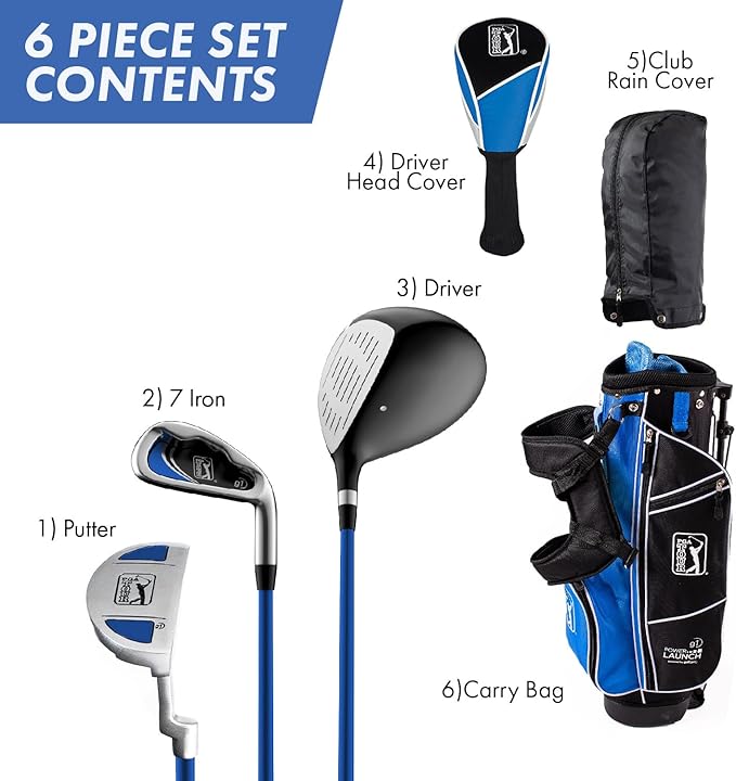 PGA Tour Youth Golf Club Set for Ages 5-15+ (3’5”-5’10”), Right and Left-Handed Kids Golf Sets – Beginner Junior Golf Clubs with Lightweight Stand Bag, Mallet Putter, Hybrid, Driver