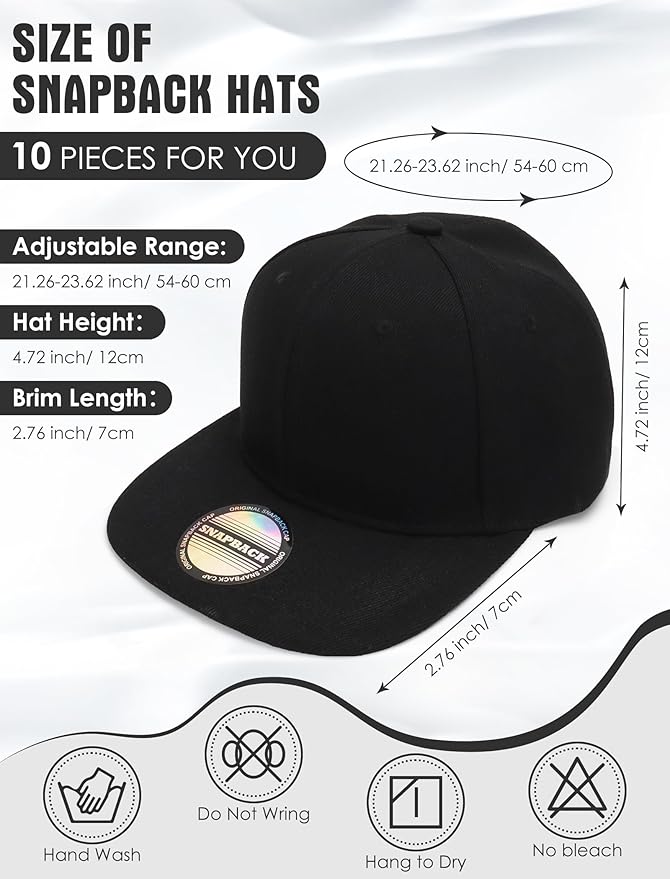 10 Pack Blank Snapback Hats for Men Flat Brim Hats Baseball Caps Bulk