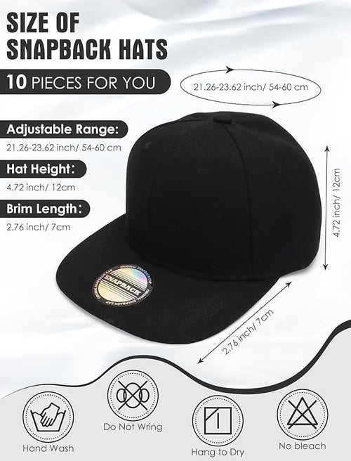 10 Pack Blank Snapback Hats for Men Flat Brim Hats Baseball Caps Bulk