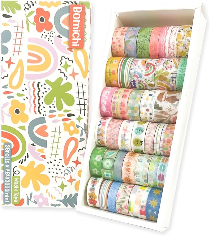 38 Rolls Washi Tape, Aesthetic Colored Decorative Cute Scrapbook Tape by Bomichi