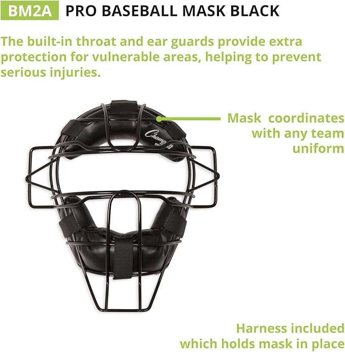 Champion Sports Pro Baseball Adult Mask - Umpires and Catchers - Extra Protection - Extended Guards - Adjustable Harness Baseball Mask - Adult Size,Black