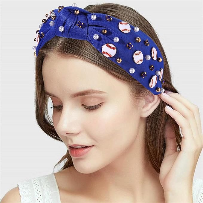 Baseball Headband for Women Baseball Accessories Beaded Crystal Pearl Knotted Headbands Baseball Charm Embellished Headband Wide Top Knot Sports Game Day Headband Gifts (A-Navy Blue)
