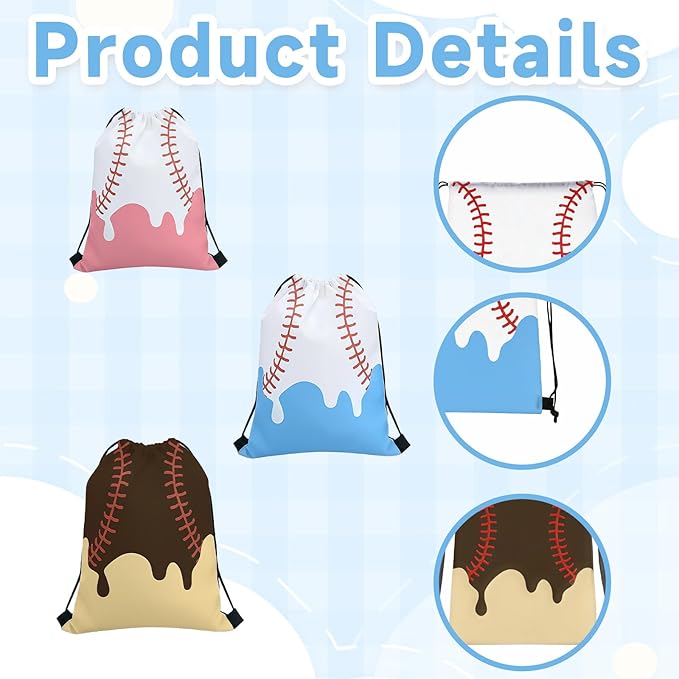 12 Pcs Baseball Drawstring Bag, Ice Cream Drip Baseball Bag, Sport Party Gifts Bags, Lightweight Sports Yoga Storage Drawstring Backpack, Sport Theme Birthday Party Supplies
