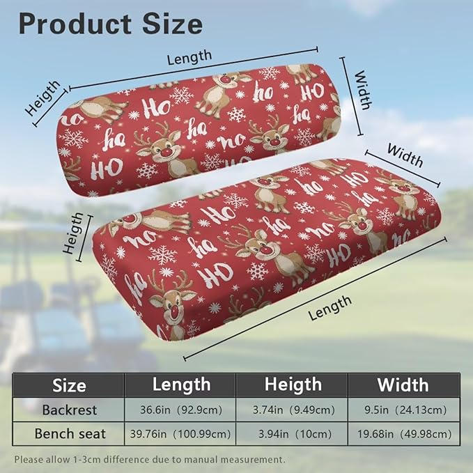 Yewatlles Christmas HOHOHO Deer Golf Cart Seat Covers Kit, Fit for Club Car Precedent Ordinary Front Seat Cushion, Golf Cart Polyester Seat Cover, No Nails Required