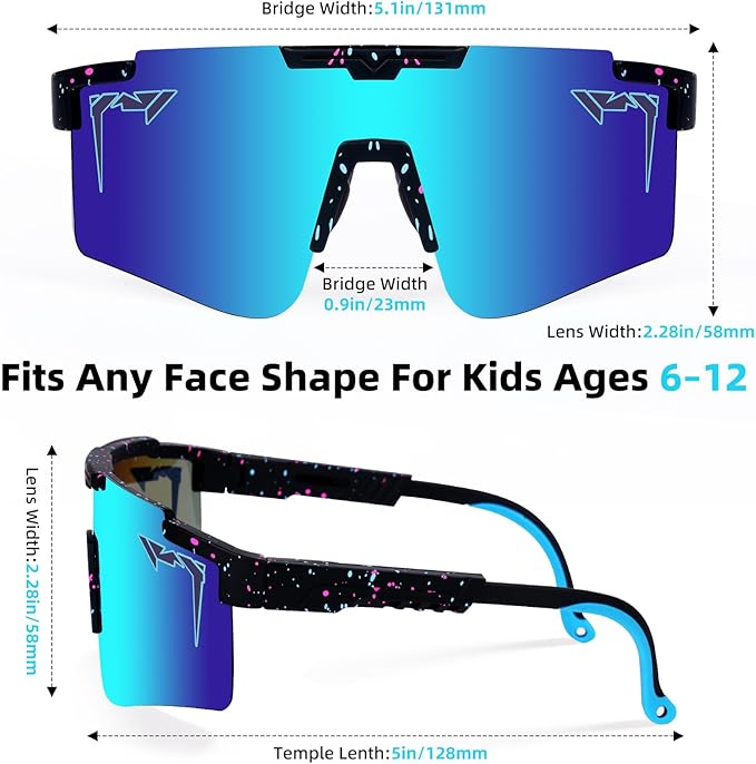 2-Sizes Kids Youth Baseball Sunglasses Men Women Vipers Sunglasses Softball Boys Girl True Polarization &UV Protection