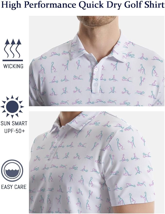 HUURAY Funny Golf Polos for Men Funny Print Short Sleeve Shirts Quick Dry Polo Shirts Hawaiian Shirt Performance Golf Outfits