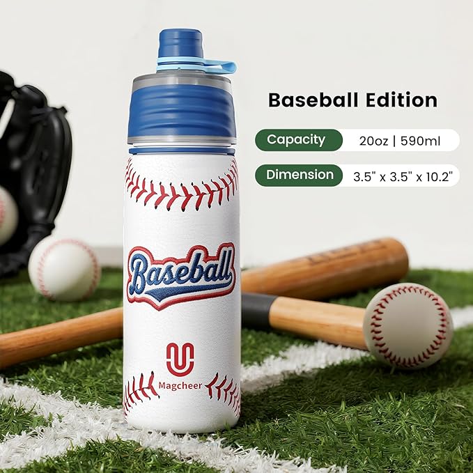 Baseball Water Bottle - 20oz Insulated Misting Water Bottles Stainless Steel 3D Textured - Baseball Accessories Gift for Kids