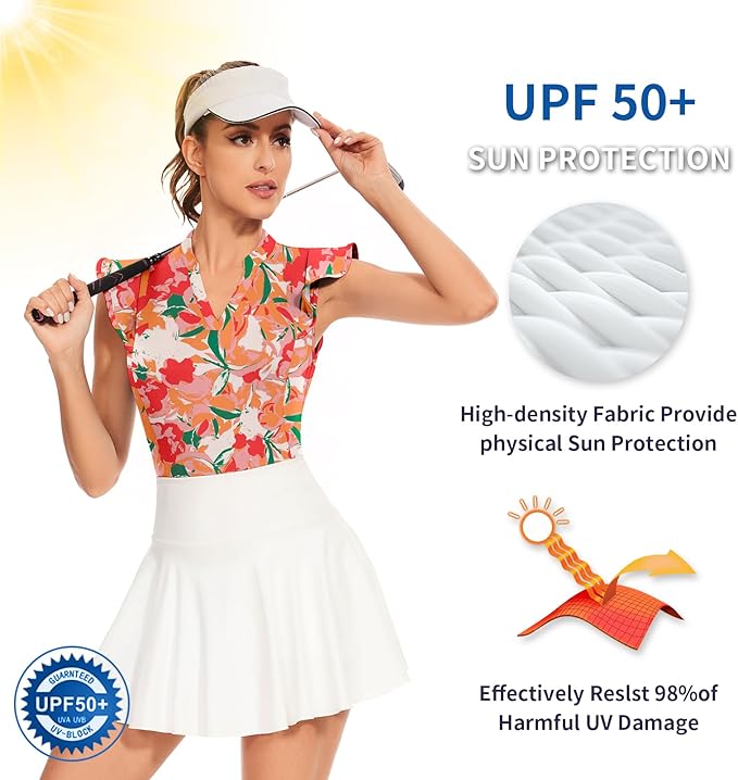 Soneven Womens Petal Sleeve Golf Shirts Moisture Wicking Lady Golf Apparel Print Tennis Sport T Shirt