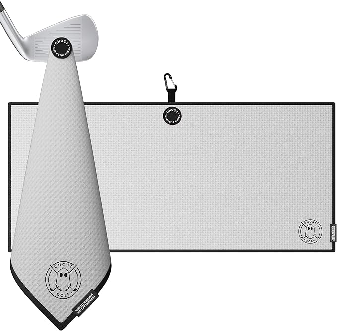 Ghost Golf Magnetic Towel (Caddie) - Premium Ultra-Absorbent Microfiber Golf Towel with Magnet for Golf Carts or Clubs - 18" x 40" Golfing Gear - Waffle Weave Pattern (White)