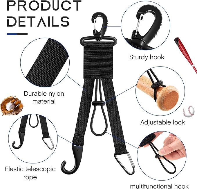 Deekin 2 Pcs Baseball Softball Gear Hanger 3 in 1 Dugout Organizer Bat Holder with Glove Clip and Helmet Hook for Fence Bag Water Bottle Hiking Camping (Black)