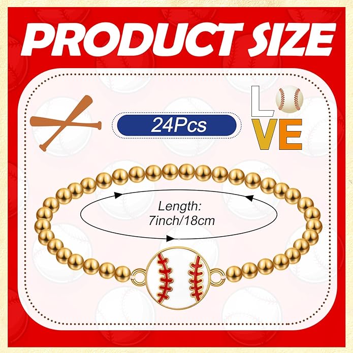 Tondiamo 24 Pcs Cheer Baseball Softball Soccer Basketball Football Tennis Bracelets Gifts Bulk Beaded Stretch Bracelets Charm Gifts Sport Jewelry Party Favors Supplies